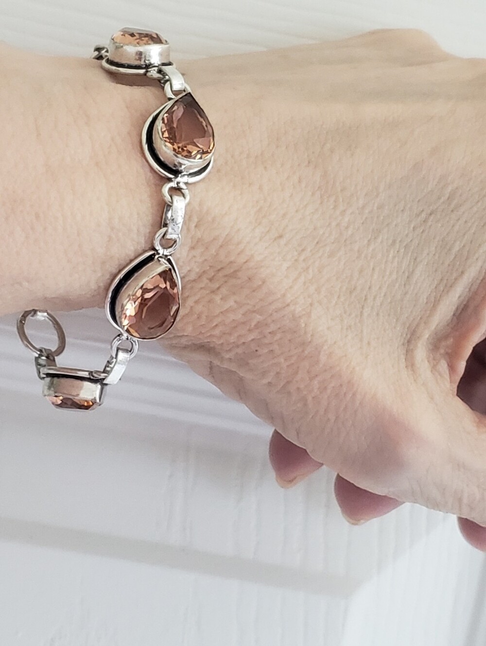 NEW Morganite Faceted Gemstone 925 Silver Bracelet 7-8" Peachy Pink Lg Teardrops